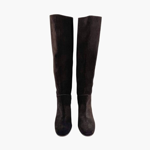 Chanel CC Dark Brown Suede Knee High Riding Boots Block Heel Size 37 US 6-6.5 - Picture 2 of 13